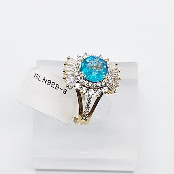 Paraiba Tourmaline Ring, CZ Diamond Gemstone Ring, Halo Solitaire Baguette Ring - Picture 4 of 5